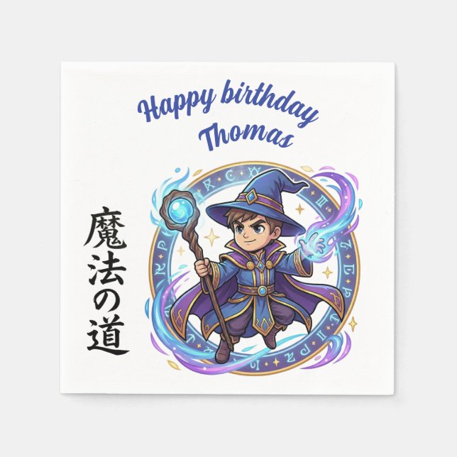 Blue RPG Wizard Anime Chibi Gamer Birthday Napkins Pappersservett (Framsidan)