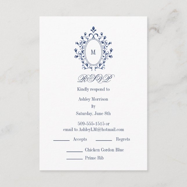 BLUE RSVP card Monogram With 2 Entree Choice Tilläggskort (Framsida)