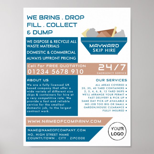 Blue Rubbish Skip Design, Skip/Dumpster Company Poster (Framsidan)