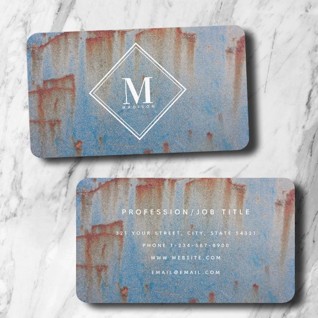 Blue Rust Metallic Struktur Monogram Initial Visitkort (Blue Rust Metallic Texture Monogram Initial Business Card)