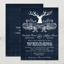Blue Rustic Antler Hjort Woodland Bröllop Inbjudningar