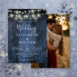 Blue Rustic Barn Wood String Ljus Photo Bröllop Inbjudningar