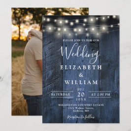 Blue Rustic Barn Wood String Ljus Photo Bröllop Inbjudningar