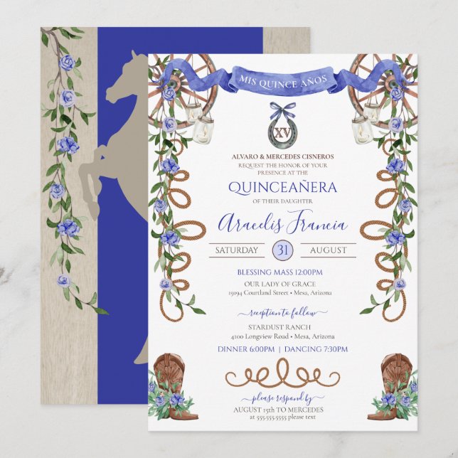 Blue Rustic Boho Western Charra Theme Quinceanera Inbjudningar (Fram/baksida)