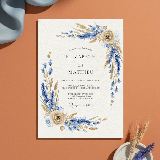 Blue Rustic Botanical Wedding Inbjudningar (Skapare uppladdad)