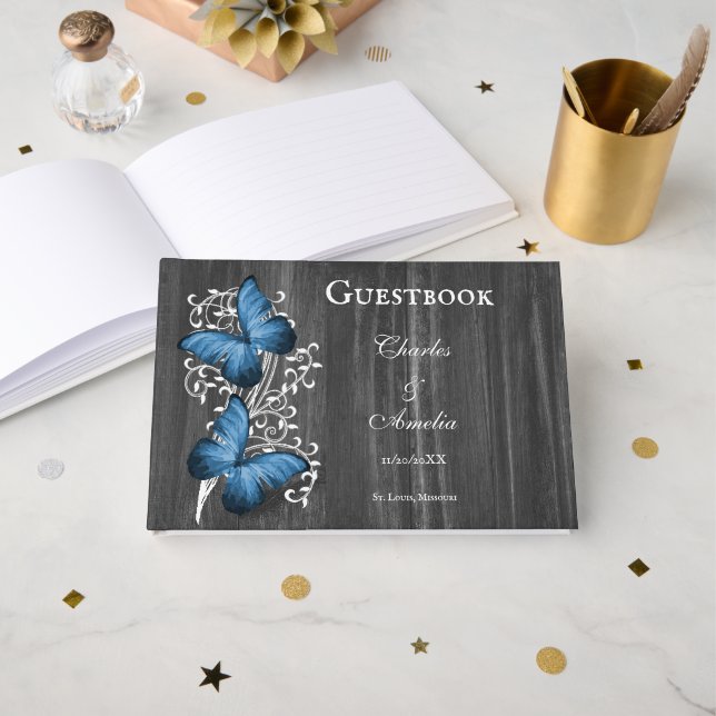 Blue Rustic Butterfly Bröllop Guestbook Gästböcker (Framsida öppen)