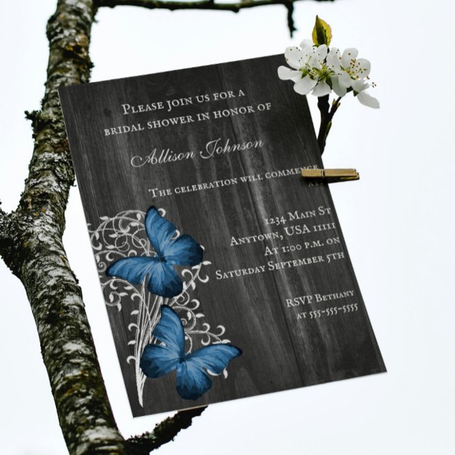 Blue Rustic Butterfly Möhippa Inbjudan (Blue Rustic Butterfly Bridal Shower Invitation)