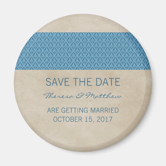 Blue Rustic Damask Spara datum magneter (Framsidan)