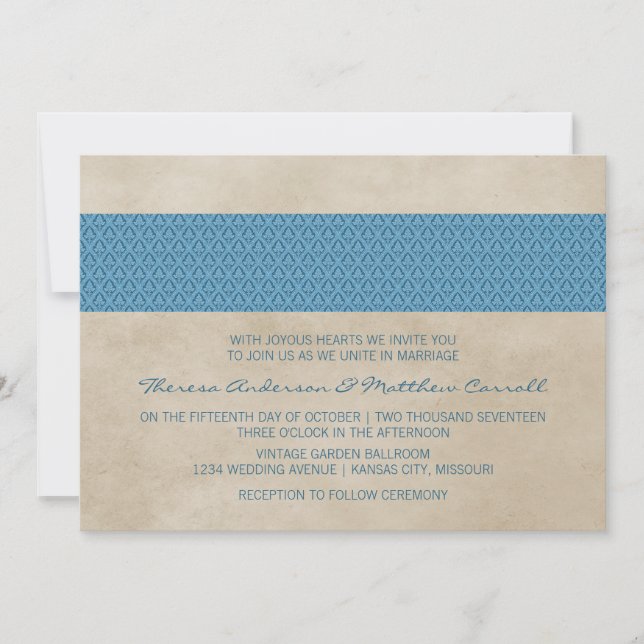 Blue Rustic Damask Wedding Inbjudan (Framsida)