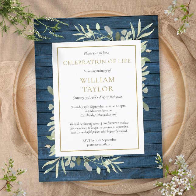 Blue Rustic Foliage Firande of Life Funeral Meddelande Vykort (Blue Rustic Foliage Celebration of Life Funeral Announcement Postcard)