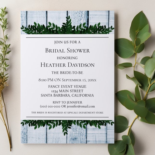 Blue Rustic Foliage Möhippa Inbjudan (Blue Rustic Foliage Bridal Shower Invite)