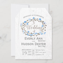 Blue Rustic Forest Typography Barn Wood Bröllop Inbjudningar