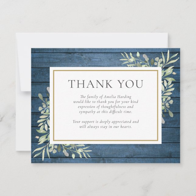Blue Rustic Greenery Funeral Firande of Life Tack Kort (Framsida)