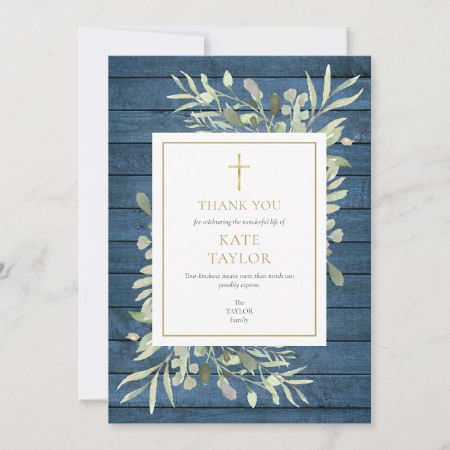 Blue Rustic Greenery Funeral Memorial Guld Kor Tack Kort (Framsida)