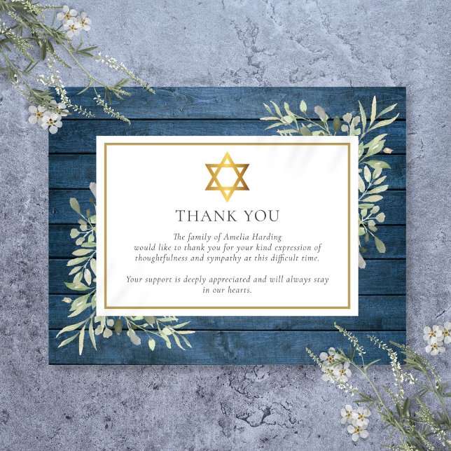 Blue Rustic Greenery Jewish Star of David Funeral Tack Kort (Blue Rustic Greenery Jewish Star Of David Funeral Thank You Card)