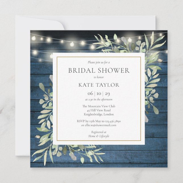 Blue Rustic Greenery Photo QR Code Bridal Shower Inbjudningar (Framsida)