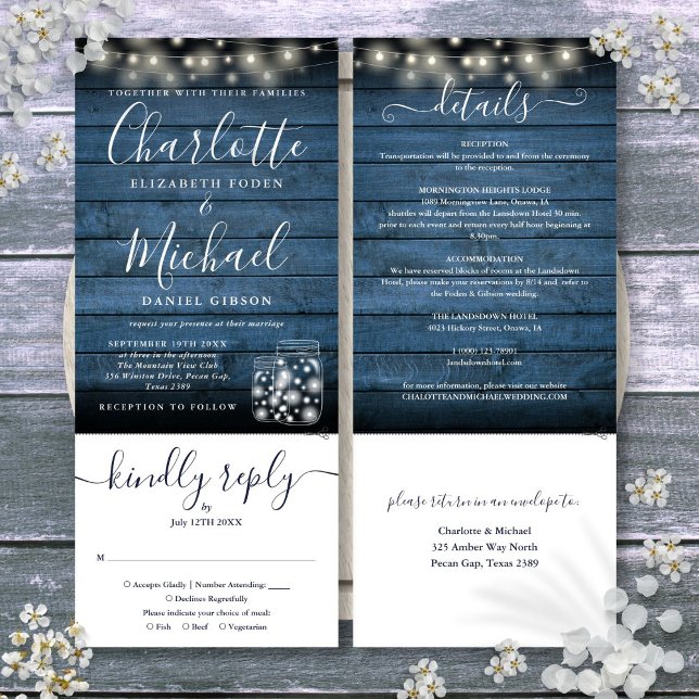 Blue Rustic Mason Burk Ljus alla i ett Bröllop Inbjudningar (Blue Rustic Mason Jars Lights All In One Wedding Invitation)
