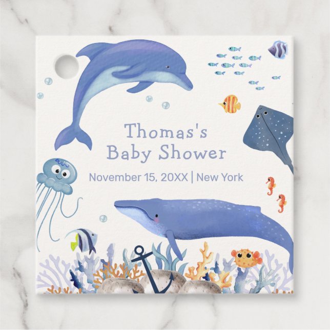 Blue Rustic Ocean Dolphin Whale Boy Shower Gåvor Etiketter (Framsida)