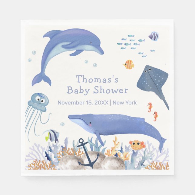Blue Rustic Ocean Dolphin Whale Boy Shower Pappersservett (Framsidan)