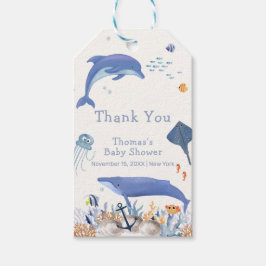 Blue Rustic Ocean Dolphin Whale Boy Shower Presentetikett