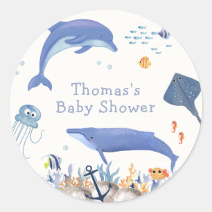 Blue Rustic Ocean Dolphin Whale Boy Shower Runt Klistermärke