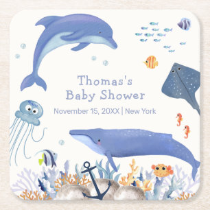 Blue Rustic Ocean Dolphin Whale Boy Shower Underlägg Papper Kvadrat
