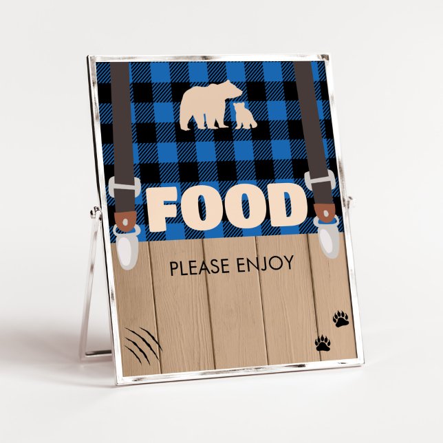 Blue Rustic Play Lumberjack Baby Shower Food Poster (Plaid Lumberjack Baby Shower Food Sign)