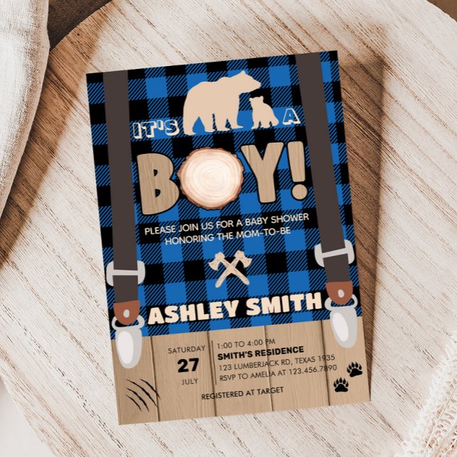 Blue Rustic Play Lumberjack Baby Shower Inbjudningar (Plaid Lumberjack Baby Shower Invitation)