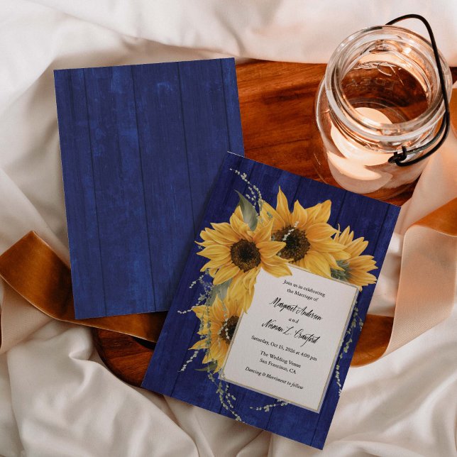 Blue Rustic Solrosänkt, Landsbyggsbröllop Inbjudningar (Blue rustic, Watercolor sunflower themed, Wedding invitations)