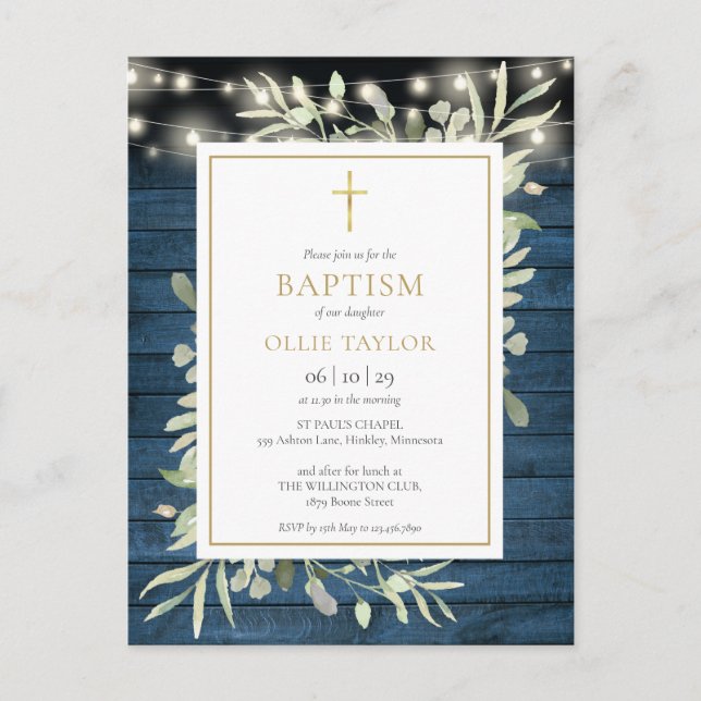 Blue Rustic String Ljus Greenery Baptism Inbjudan Vykort (Framsida)