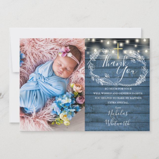 Blue Rustic String Ljus Photo Baptism Tack Kort (Framsida)