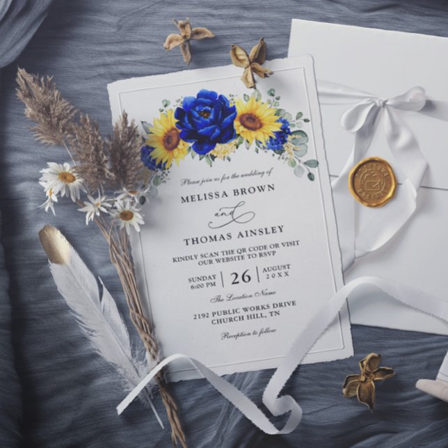 Blue Rustic Sunflower Budget QR Code Wedding Inbjudningar (Skapare uppladdad)