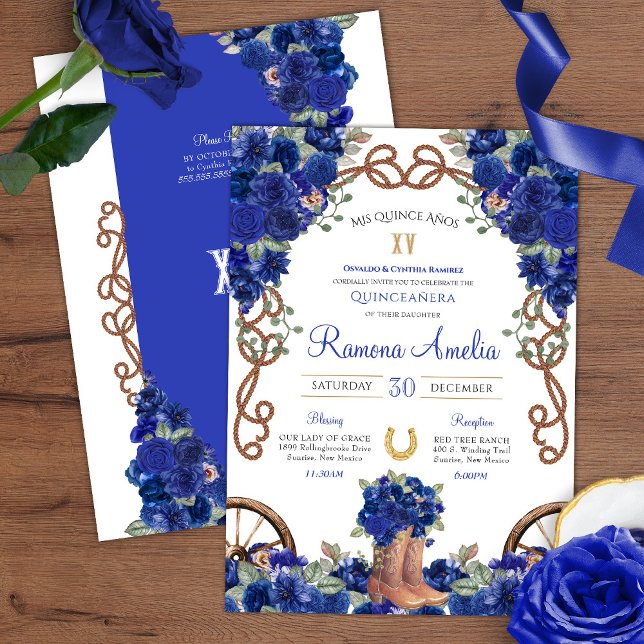 Blue Rustic Western Charro CowboyBoots Quince Inbjudningar (Skapare uppladdad)