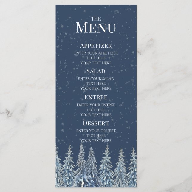 Blue Rustic Winter Forest Wedding Menu Meny (Framsida)