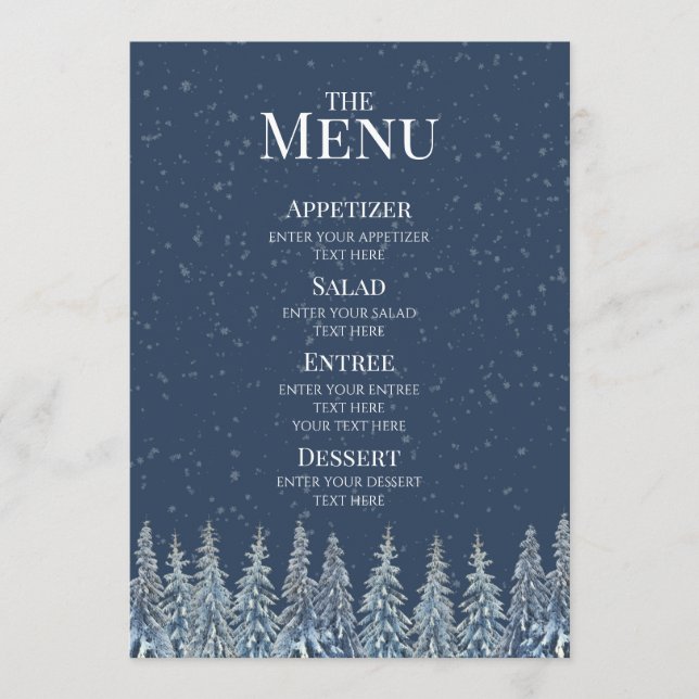Blue Rustic Winter Forest Wedding Menu Meny (Framsida)