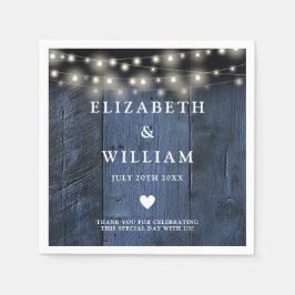 Blue Rustic Wood Boho Barn String Ljus Bröllop Pappersservett