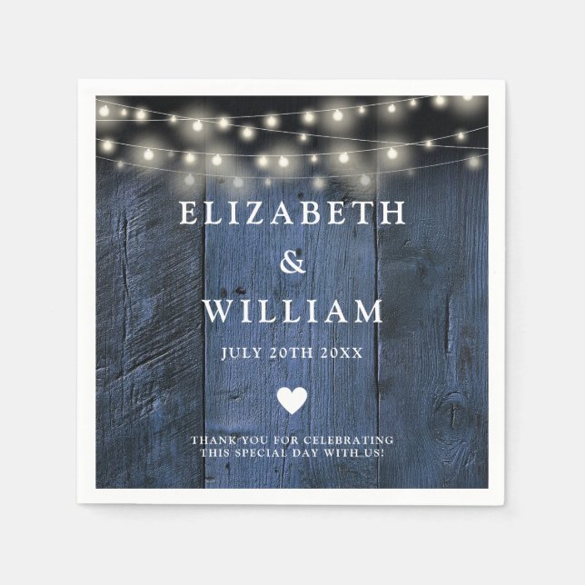 Blue Rustic Wood Boho Barn String Ljus Bröllop Pappersservett (Framsidan)