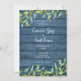 Blue Rustic Wood Eucalyptus Greenery Bröllop Inbjudningar