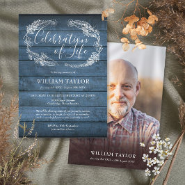 Blue Rustic Wood Funeral Firande of Life Photo Inbjudningar