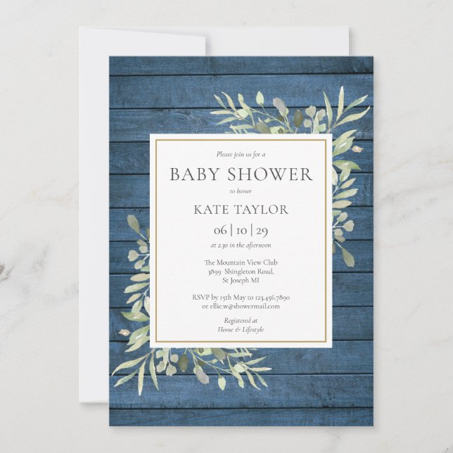 Blue Rustic Wood Greenery Baby Shower Inbjudningar (Framsida)
