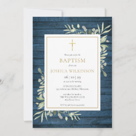 Blue Rustic Wood Greenery Baptism Christening Inbjudningar