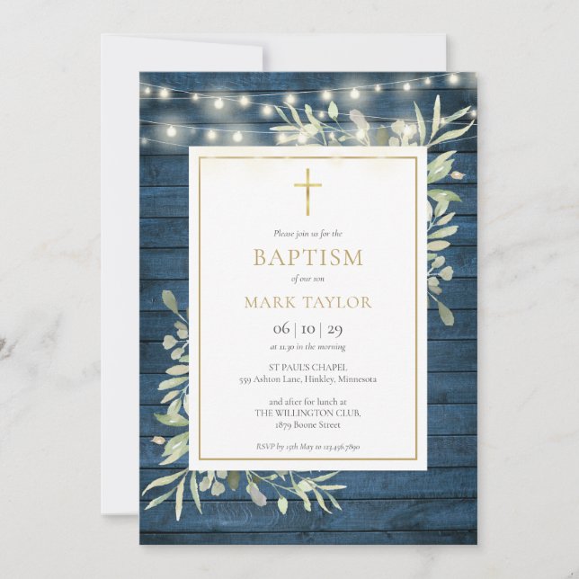 Blue Rustic Wood Greenery Baptism Christening Inbjudningar (Framsida)