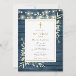 Blue Rustic Wood Greenery Baptism Christening Inbjudningar
