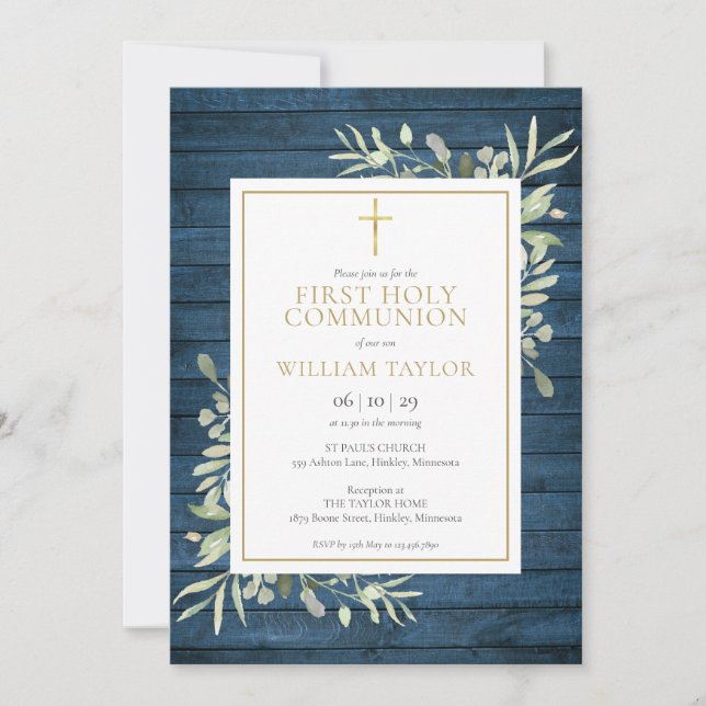 Blue Rustic Wood Greenery First Heliga Communion Inbjudningar (Framsida)