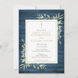 Blue Rustic Wood Greenery First Heliga Communion Inbjudningar