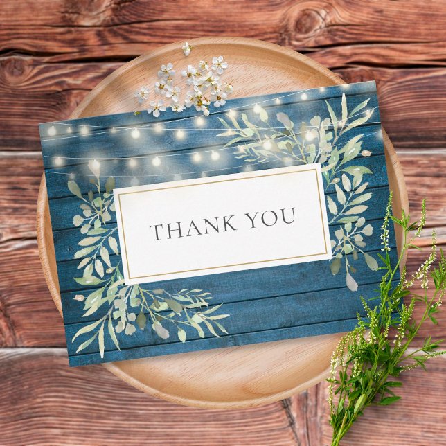 Blue Rustic Wood Greenery String Ljus Tack Kort (Skapare uppladdad)
