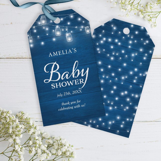 Blue Rustic Wood Mason Burk Ljus Baby Shower Presentetikett (Skapare uppladdad)