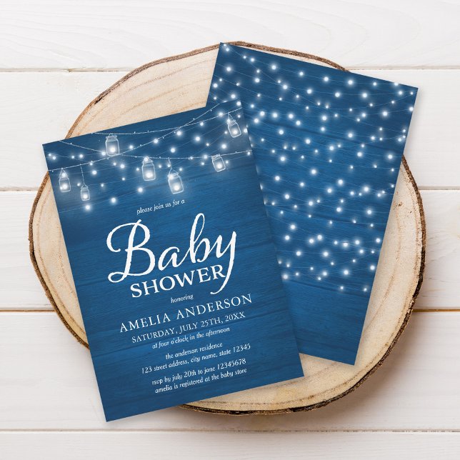Blue Rustic Wood Mason Burk och Ljus Baby Shower Inbjudningar (Skapare uppladdad)