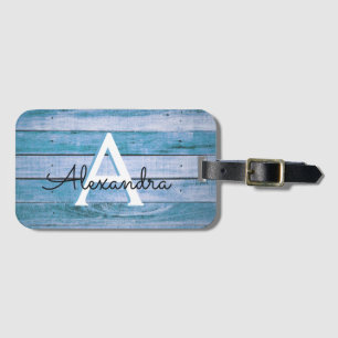 Blue Rustic Wood Monogram Namn och Initial Bagagebricka