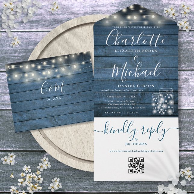 Blue Rustic Wood QR Code Mason Burk Ljus Bröllop (Blue Rustic Wood QR Code Mason Jars Lights Wedding All In One Invitation)